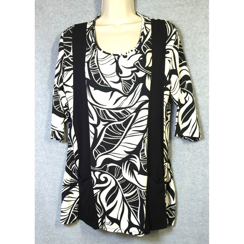 Women Tunic Top L Black White Graphic Pockets Artsy Easy Chic Versatile Polished